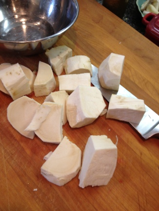 Cut the horseradish into chunks to process in the food processor